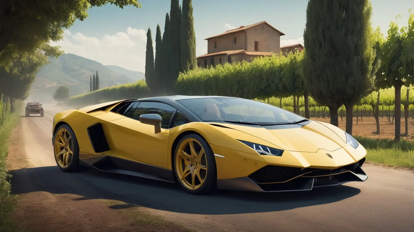 Montagem mostrando a evolução da Lamborghini: de um trator vintage em um vinhedo a um supercarro moderno.