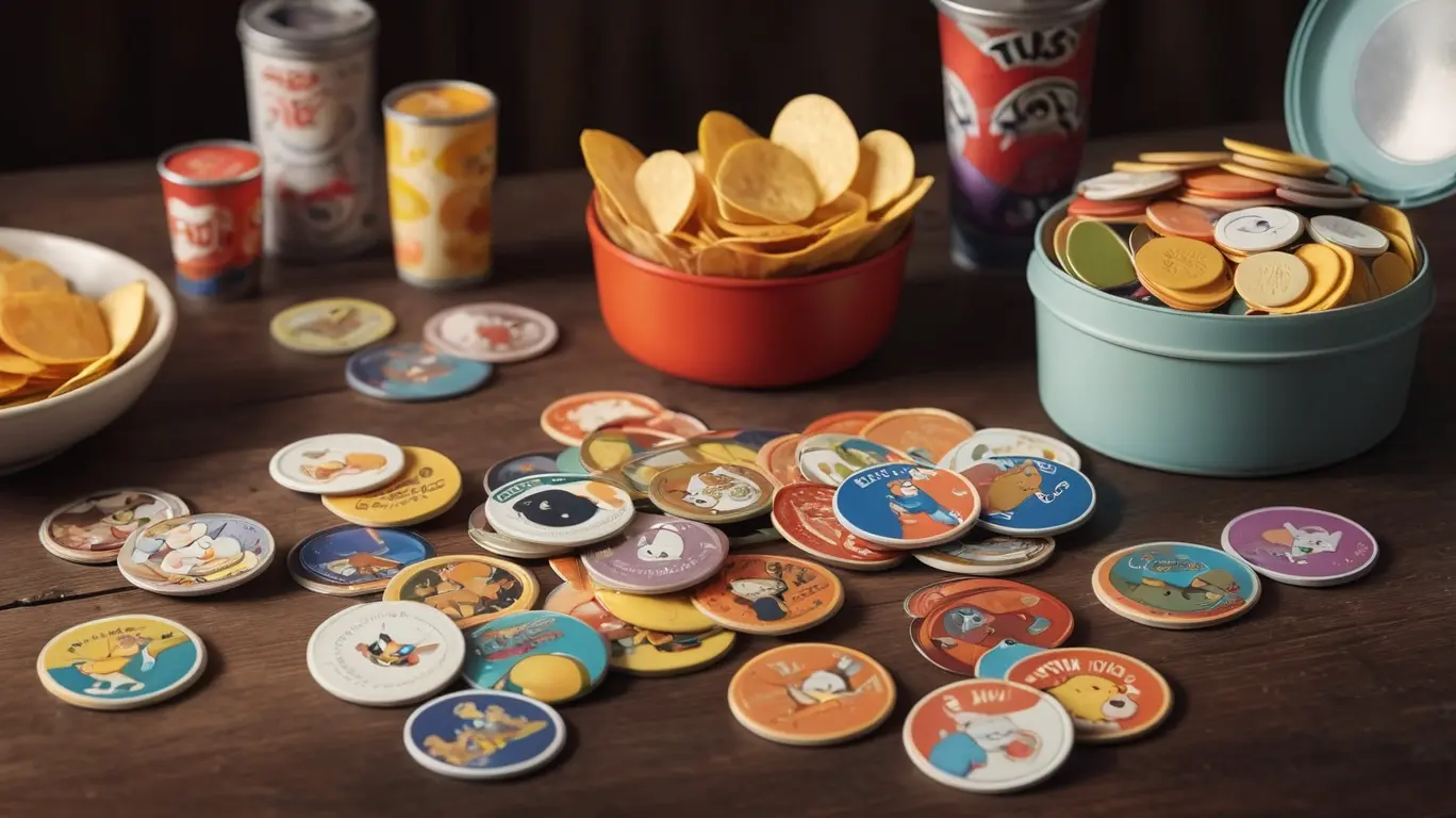 Tazos Elma Chips clássicos das coleções Looney Tunes e Pokémon espalhados, representando a febre dos anos 90