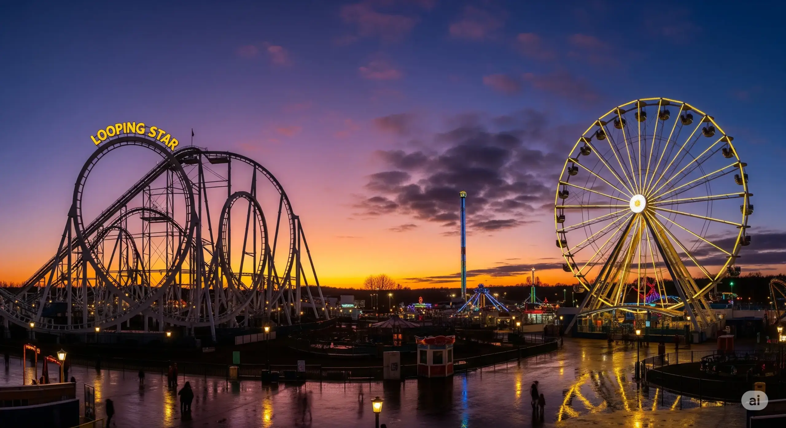 Vista panorâmica do parque de diversões Playcenter ao entardecer, mostrando a silhueta da montanha-russa Looping Star e da roda-gigante iluminada, ilustrando a história sobre o que aconteceu com o Playcenter