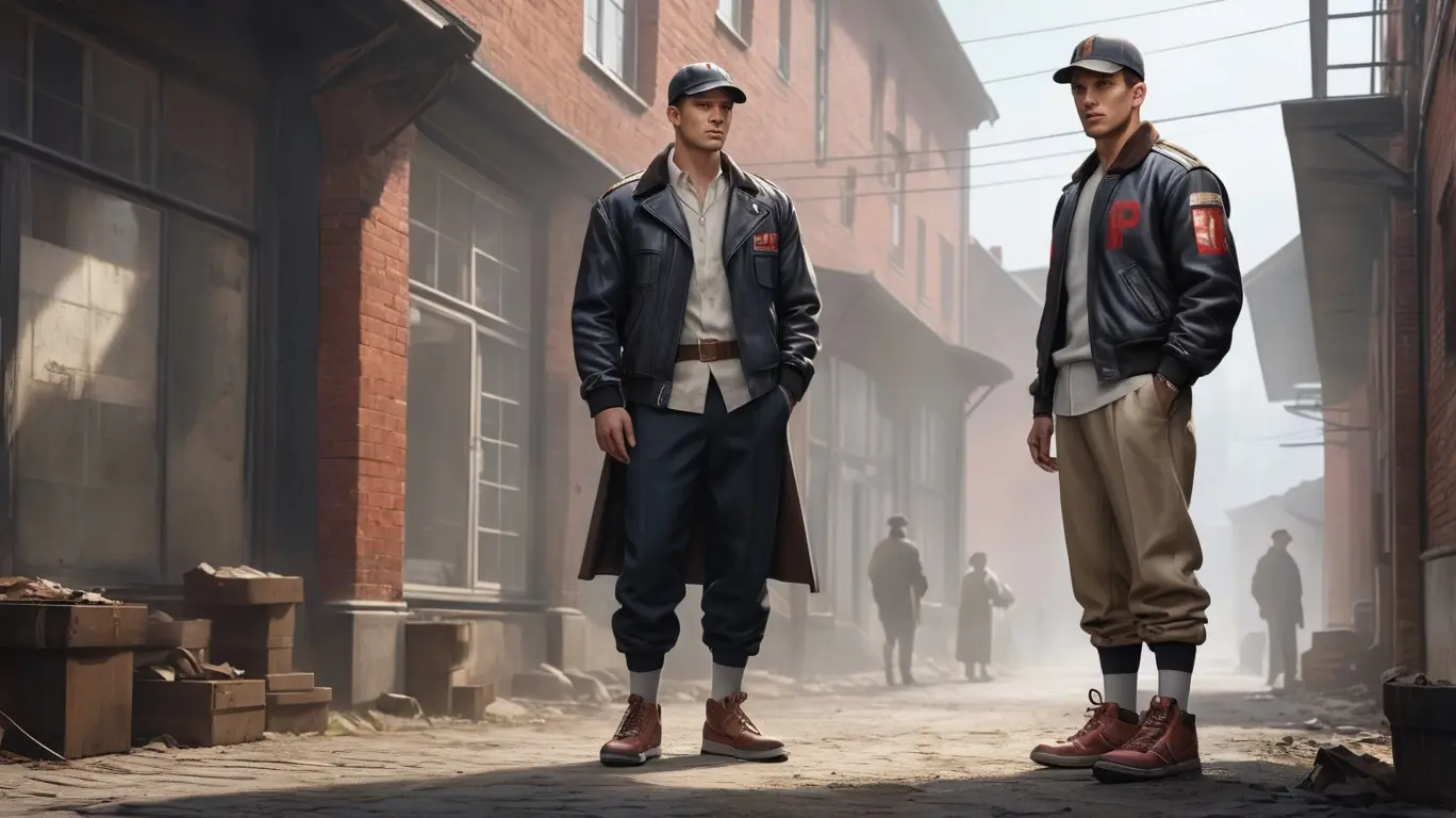 Ilustração da história da Adidas e Puma com os irmãos fundadores de costas um para o outro, cada um segurando um tênis de sua marca.