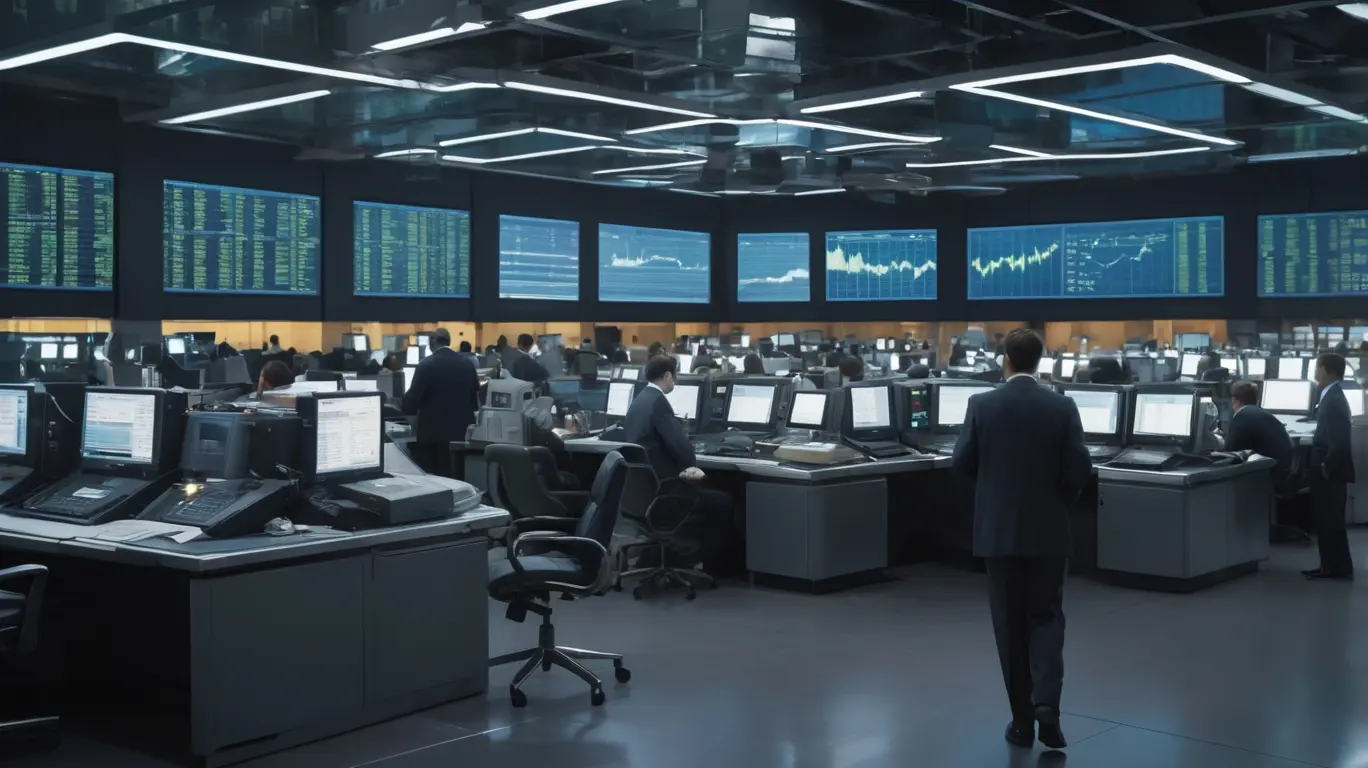 Ilustração de um caótico pregão da bolsa de valores de Wall Street nos anos 90. No centro, um painel digital exibe um gráfico que sobe e desce drasticamente, simbolizando o esquema de fraude "Pump and Dump".
