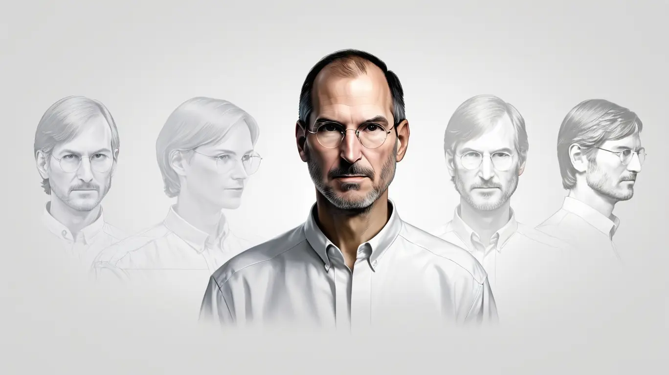 Retrato de Steve Jobs mostrando a transição de seu rosto jovem para o mais velho, simbolizando sua jornada e legado na Apple.