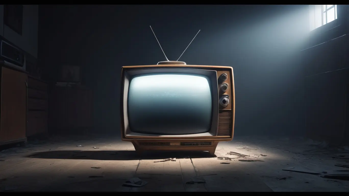 Imagem de uma TV antiga dos anos 70, desligada e empoeirada, simbolizando o fim da TV Tupi.