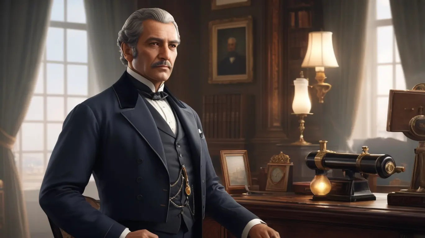 Retrato do Barão de Mauá, o maior empreendedor da história do Brasil, em seu escritório com uma indústria ao fundo.